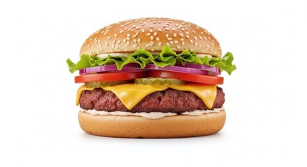 Cheeseburger with Toppings in Close-up View Isolated on White Background