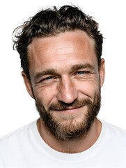 Fototapeta premium Handsome man with a beard and messy hair smiles confidently against a clean white studio background portrait.
