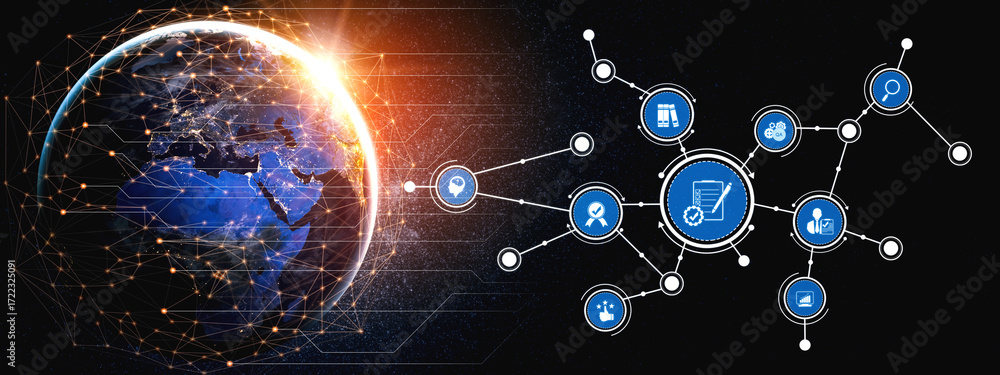 Poster a dynamic illustration showcasing global connectivity and digital commerce, featuring earth represen