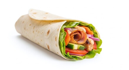 Chicken and Ham Wrap with Vegetables, Isolated on White Background