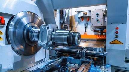 CNC milling machine with a heavy-duty metallic gray frame, rotating spindle, and tool changer, operating in a metalworking workshop to mill, carve, or drill steel, aluminum, or brass parts, equipped w