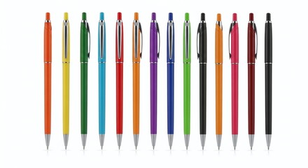 Colorful Ballpoint Pens Arranged in a Row, Isolated on White Background