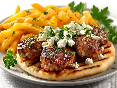 Delicious Greek bifteki meatballs topped with feta and parsley are served with golden french fries on plate.