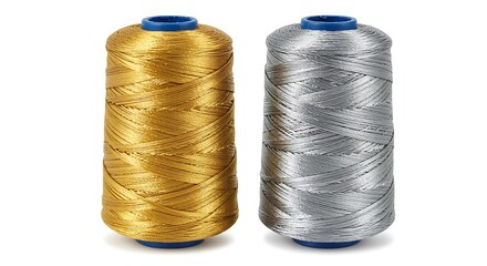 Two spools of metallic gold and silver thread on white background image