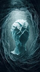 Abstract Crystalline Head in Teal and White Digital Aura