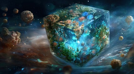 Abstract Cube Containing Earthlike Planet in Cosmic Space