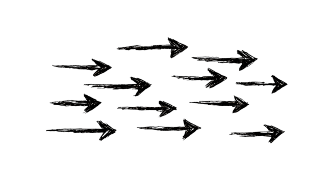 Group of arrows pointing right isolated on transparent background.