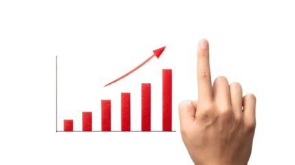 Hand pointing at a rising bar graph with red arrow isolated on transparent background.