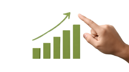 Hand pointing at a rising bar graph with green arrow isolated on transparent background.