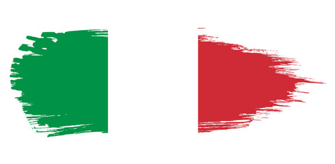 Illustration of the Italian flag in the form of a brush stroke. Green, white, and red vertical stripes on a brush stroke with ragged edges. Symbol of Italy, tourism, culture, Italian style.