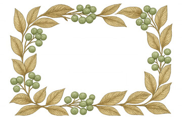 Fototapeta premium Botanical frame with golden leaves and green berries creating a vintage decorative border on transparent background
