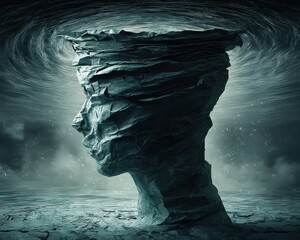 Abstract Dark Blue Stone Head Profile Against Starry Night Sky