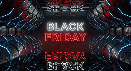 Black Friday futuristic neon tunnel with glowing red and white text, reflective floor, hexagonal pattern, and vibrant electric atmosphere for shopping event promotion