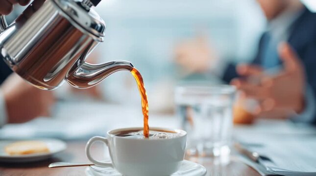 Pouring coffee from a silver pot into a white cup on a saucer at a business meeting setting table