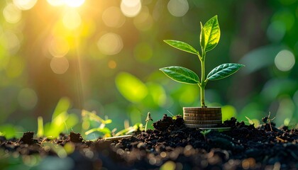 A sending is growing on a coin iying on the graund, Green Investment concept,Rising money to Invest.financial growth concecept.