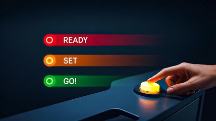 Hand pressing start button with ready set go indicator lights