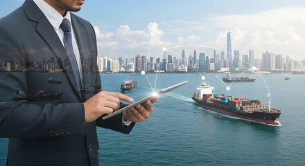 Businessman using a tablet overseeing cargo ships moving products globally with digital network connections