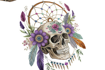 A detailed water color human skull decorated with flowers, vector art, illustration art