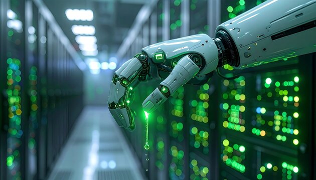 A robotic hand drips glowing liquid over a data center, representing advanced technology and data processing. The servers are in the background