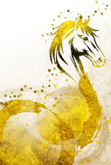 年賀状（午年） 金箔の馬 金色に輝く和風背景テンプレート