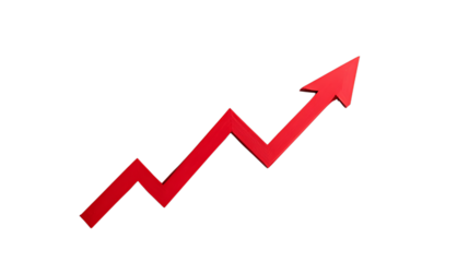 Red arrow graph trending upwards isolated on transparent background.