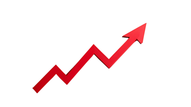Red arrow graph trending upwards isolated on transparent background.