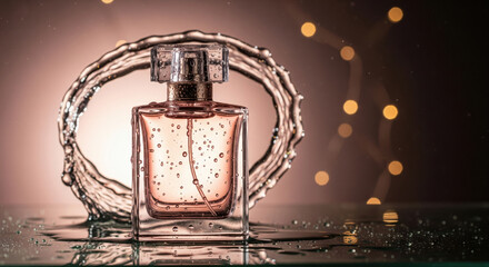 Elegant perfume bottle with water droplets, glass surface, and bokeh lights in background, creating luxurious and romantic atmosphere for beauty and fragrance advertising