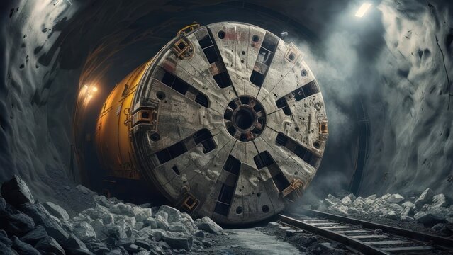 Fototapeta Tunnel boring machine excavating underground tunnel