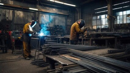 Fototapeta premium Two welders working in industrial workshop