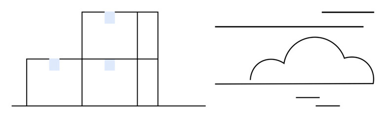 Stacked boxes beside a cloud outline with minimalist line design. Ideal for storage, organization, logistics, delivery, cloud storage, productivity, planning. Simple flat metaphor