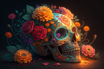 A colorful sugar skull with neon floral arrangement vector art, illustration art  