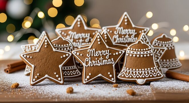 Festive christmas gingerbread cookies shaped as stars and bells, adorned with icing and the words merry christmas, creating a cozy holiday atmosphere