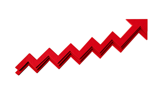 Red zigzag arrow indicating upward progress isolated on transparent background.