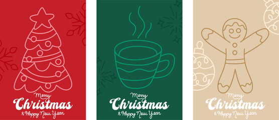 Festive greeting cards with minimalist line art designs, featuring a gingerbread man, a cozy cup of hot chocolate, and a decorated Christmas tree, perfect for spreading holiday cheer