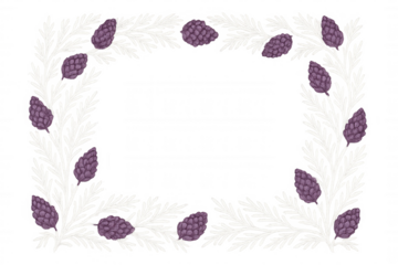 Botanical border frame with pine cones and winter foliage. Purple pinecones on white fir branches, nature decorative element