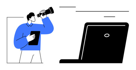 Businessman holding a telescope and tablet, strategizing over a laptop. Ideal for vision, goal setting, innovation, analysis, strategy, planning and future-focused concepts. A simple flat metaphor