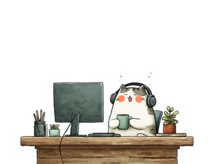 Cartoon cat with headphones drinks tea while working at a computer on a wooden desk illustration art.