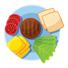 Burger ingredients on a plate patty buns tomatoes cheese and lettuce