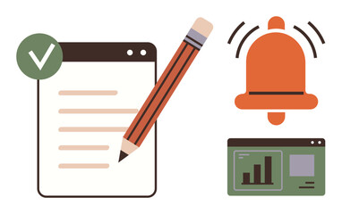 Checklist with green tick and pencil, red notification bell, and data analytics window. Ideal for productivity, reminders, planning, organization, reporting task tracking and focus. Simple flat
