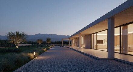 Obraz premium Modern villa exterior at twilight. Spacious, minimalist home with large windows overlooking a tranquil landscape. Ambient lighting highlights the architecture