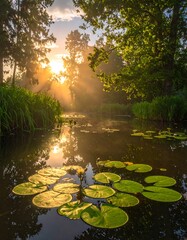 Sunrise over a tranquil river with lily pads