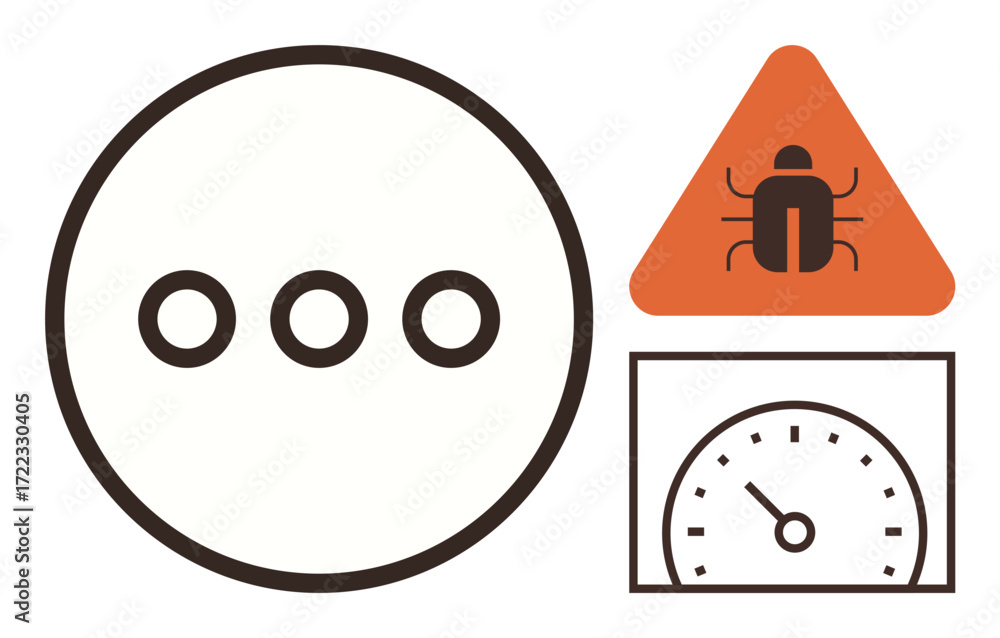 Aufkleber loading icon, bug alert in triangular sign, speedometer gauge for performance tracking. ideal for de