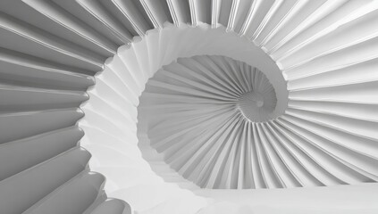 A detailed spiral staircase design, showcasing a seamless blend of architectural form and geometric precision in a monochromatic color scheme.