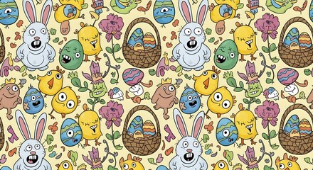 Naklejka premium Whimsical Easter pattern featuring cartoon bunnies, chicks, and flower elements on a pastel background