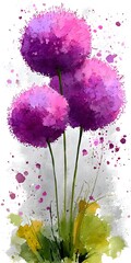 Watercolor painting showcases three purple allium flowers with vibrant petals and delicate greenery below.