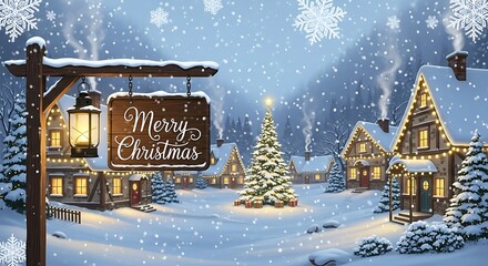 Charming christmas village scene with snowcovered houses, a decorated tree, and a merry christmas sign creating a cozy and magical holiday atmosphere