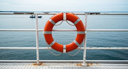 Orange life preserver on a ship's railing overlooking calm water