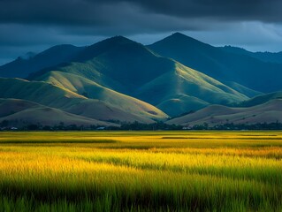 Golden field stretches towards rolling green hills under a dramatic cloudy sky in a scenic landscape.