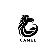 Stylized black camel logo design on white background
