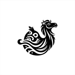 Stylized black camel silhouette with tribal ornamental patterns